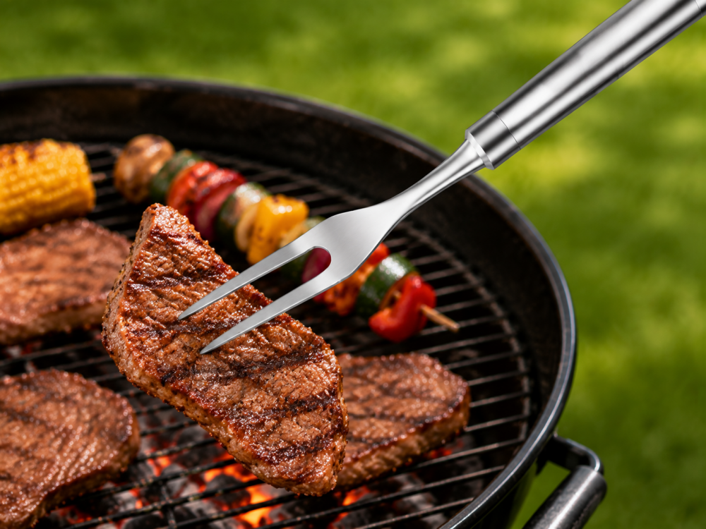 BBQ fork lifting grilled meat