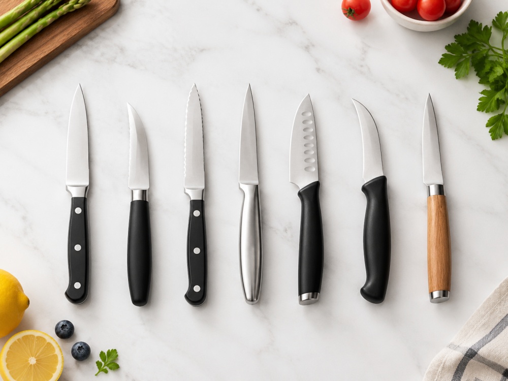 Different types of paring knives with various blade shapes