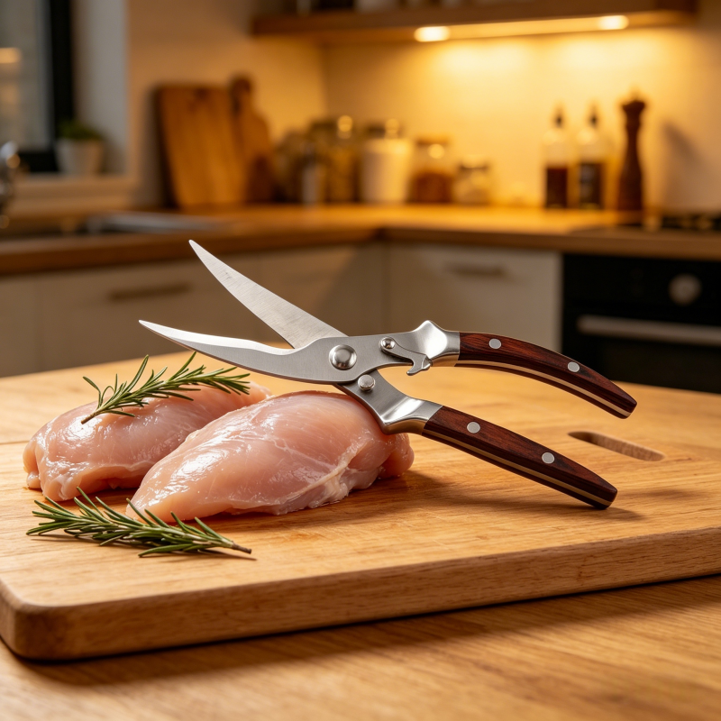 Heavy duty poultry shears with stainless steel blades and wooden handles for kitchen use