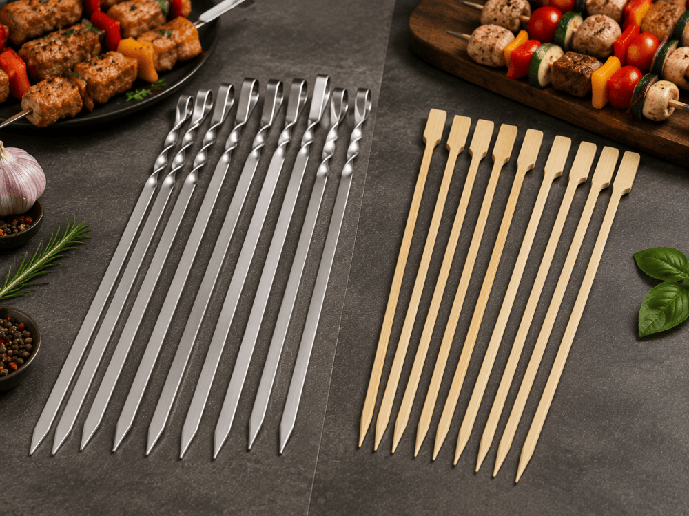 Stainless steel and bamboo BBQ skewers comparison