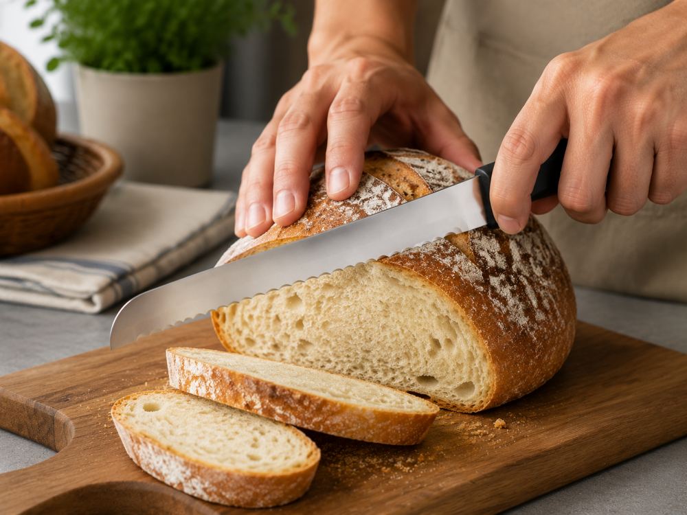 Slicing artisan bread with a serrated knife