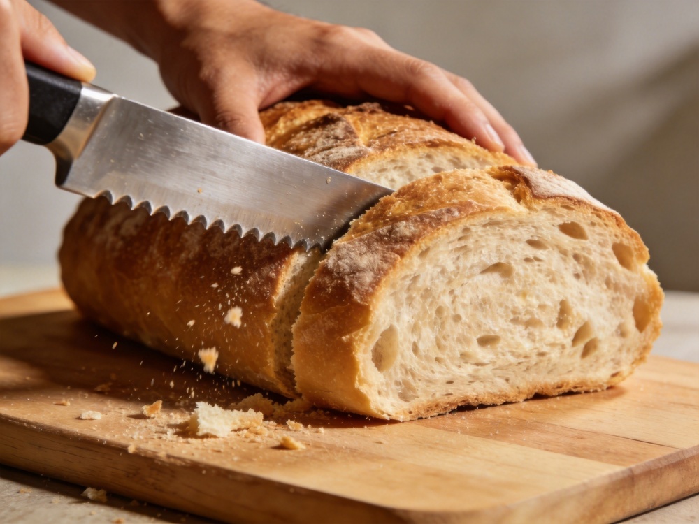 Bread knife cutting bread