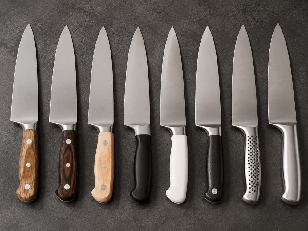 different kitchen knife handle materials including wood plastic and stainless steel