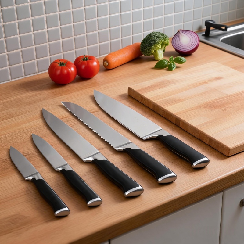 Professional stainless steel kitchen knife set with chef knife, bread knife, slicing knife, utility knife and paring knife for home and commercial kitchens