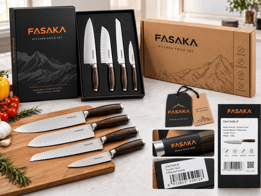 Kitchen knives with custom branded packaging labels