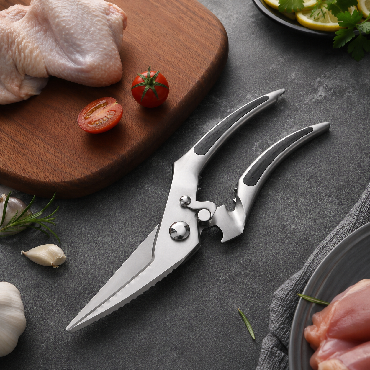 Heavy duty stainless steel poultry shears with serrated blades and anti-slip handles for cutting poultry and meat