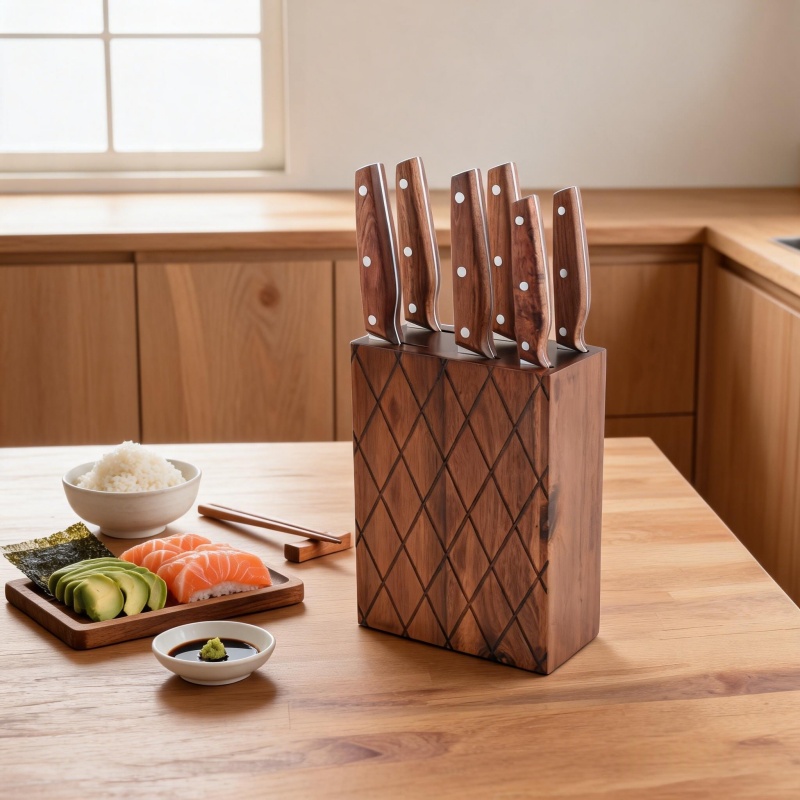Premium kitchen knife block set with stainless steel blades, rosewood handles and acacia wood storage block