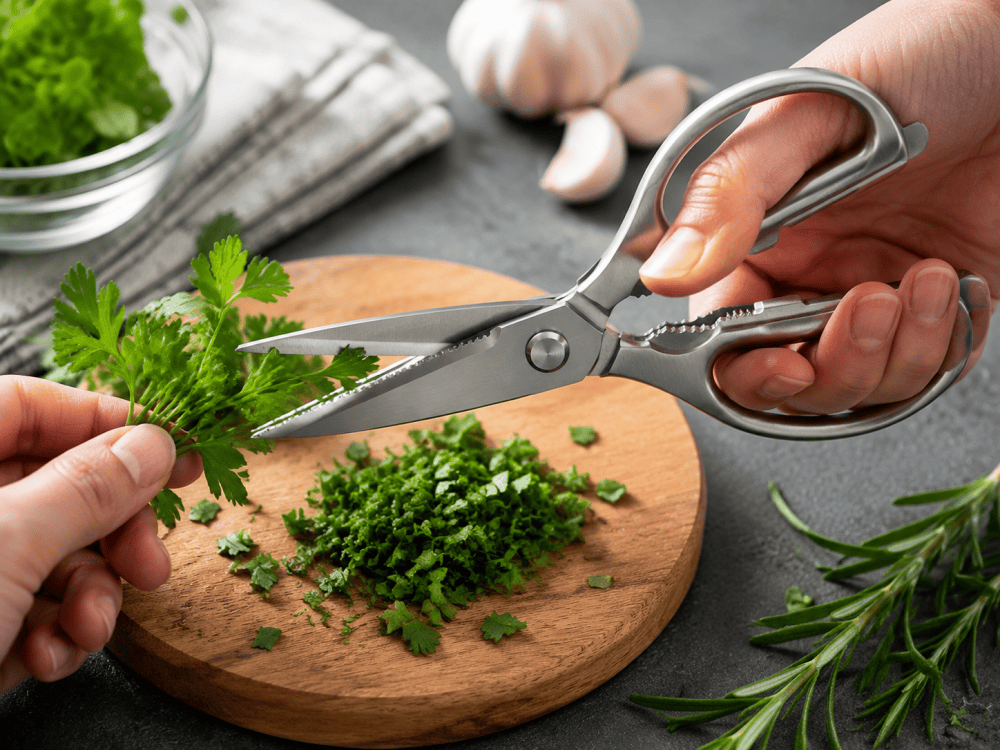 Kitchen scissors cutting fresh herbs