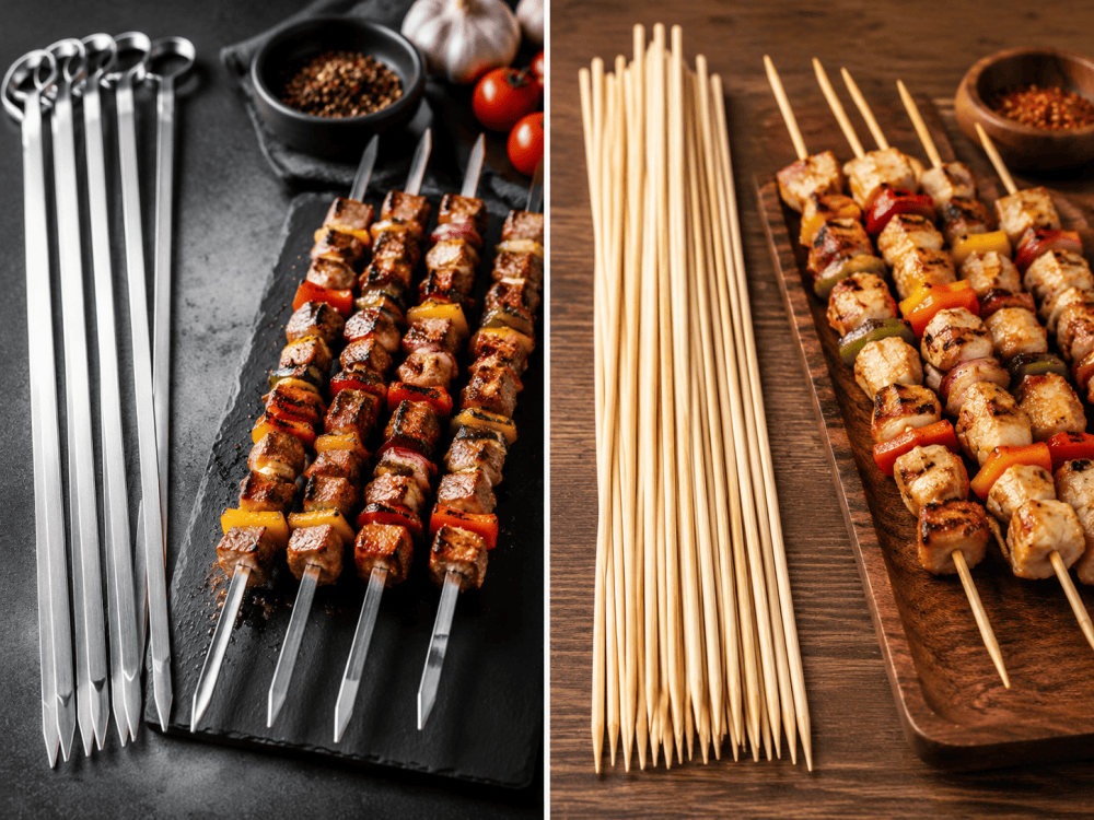 Metal BBQ skewers and wooden skewers comparison