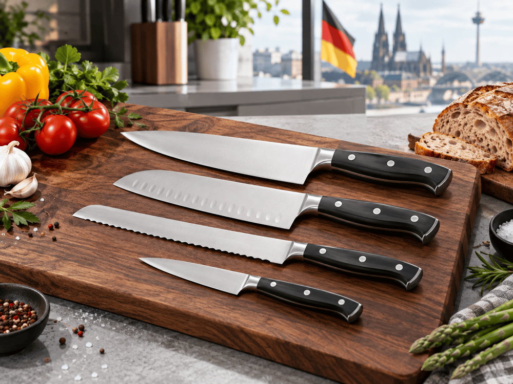 Popular kitchen knives in Germany including chef knife, Santoku, bread knife and paring knife