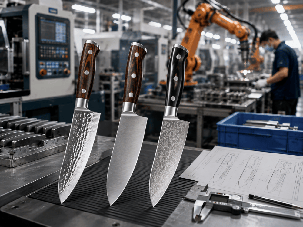 Three kitchen knives displayed in a modern Chinese knife manufacturing factory