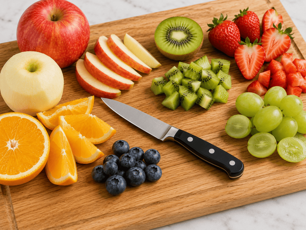 Various fruits prepared with a paring knife