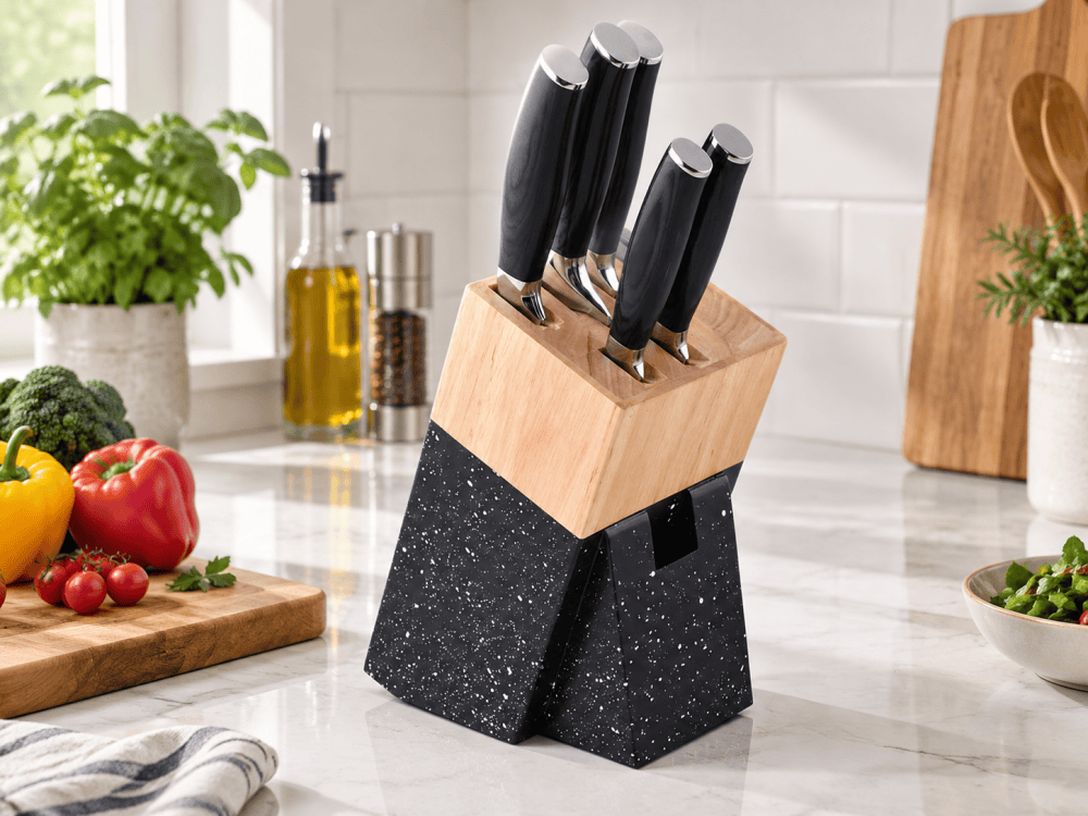 Traditional wooden knife block holding a kitchen knife set