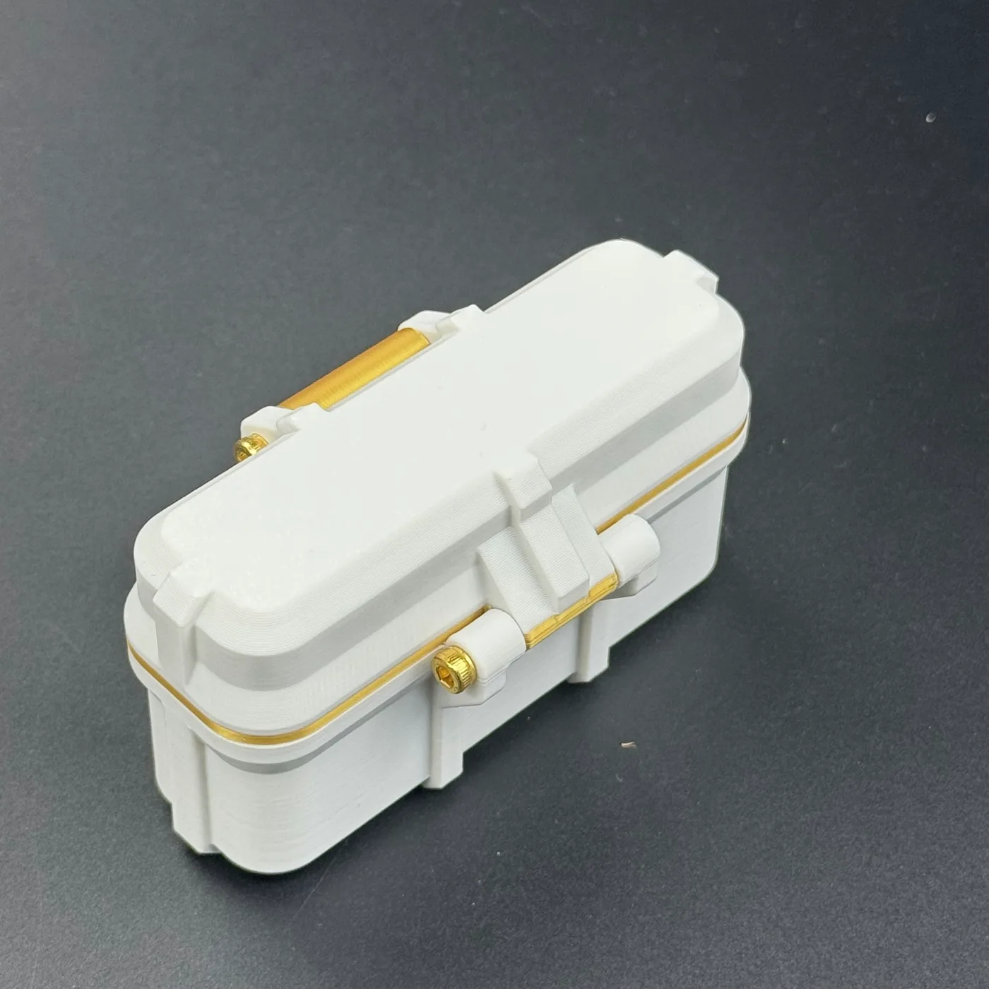 gold-finish latch screws and lid edge detail on the 4 slot linear 3ml vial case