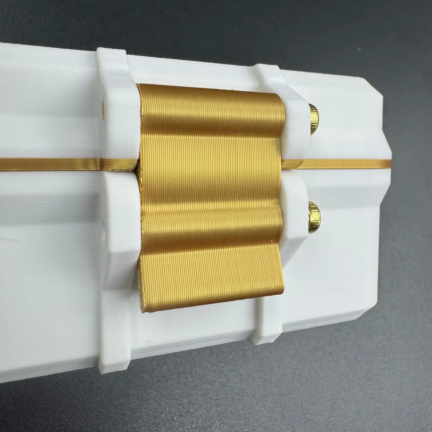 over-centre gold-finish PETG latch strap detail on the 4 slot linear vial case