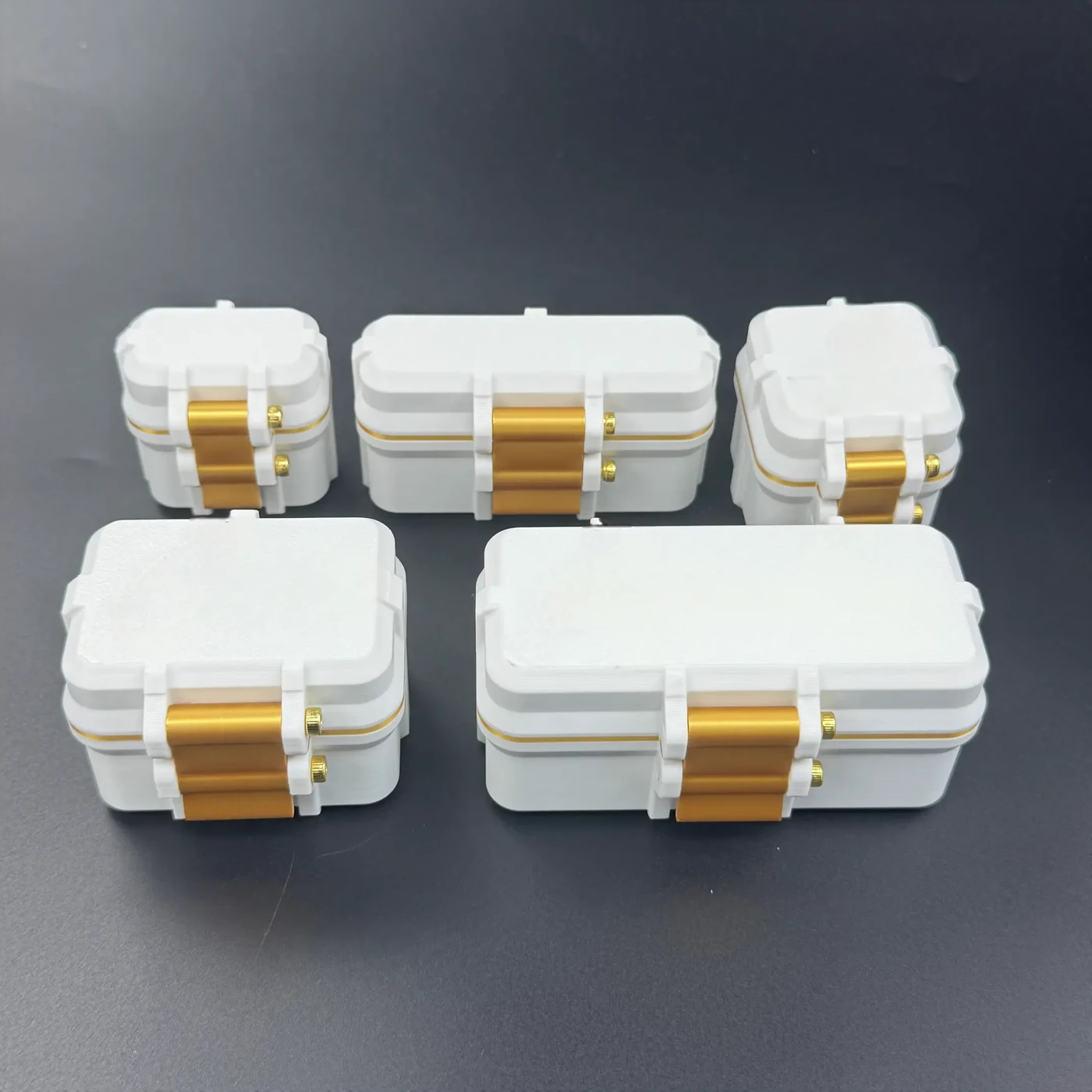 the white and gold 3ml vial case series closed, group shot