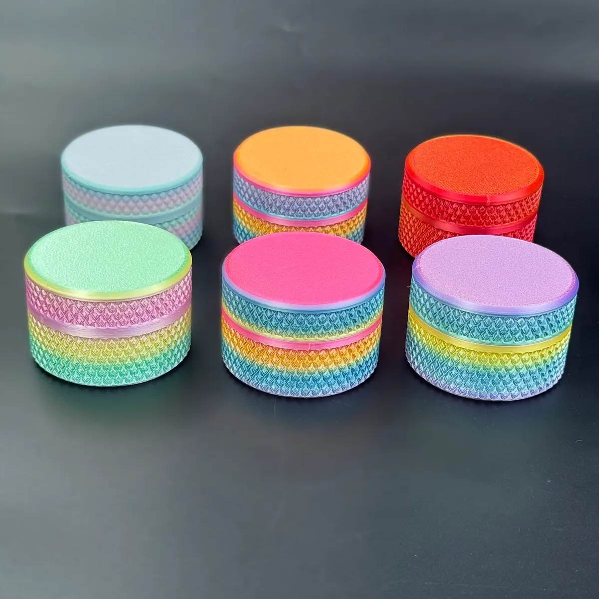 six gradient cylindrical vial cases closed, group shot