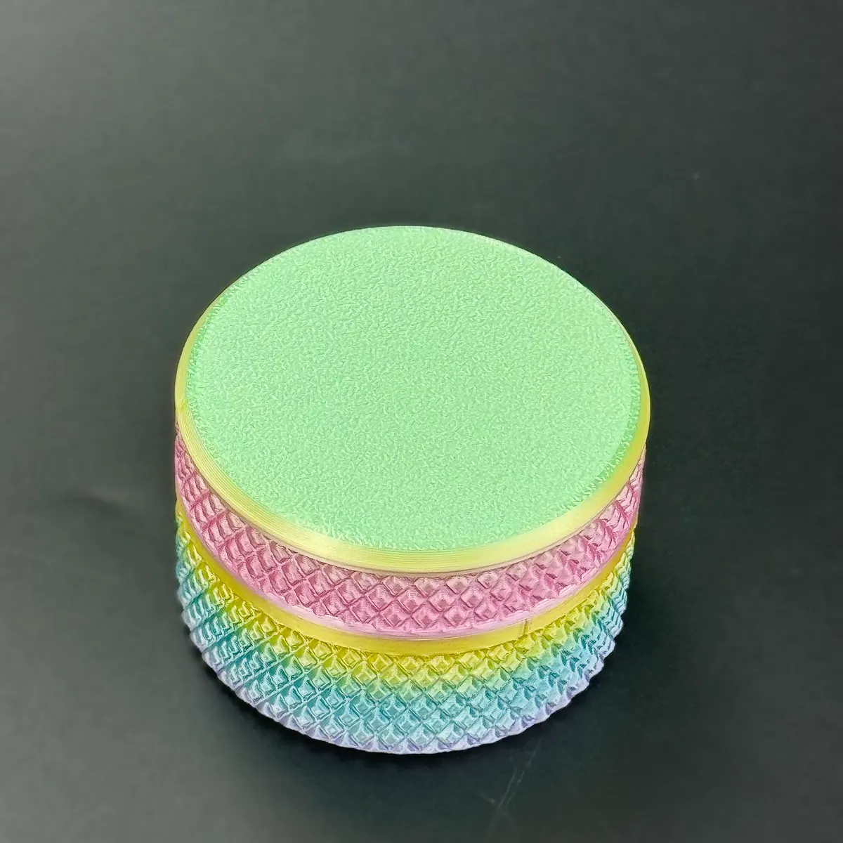 mint lid on a rainbow gradient shell, one assembled pairing