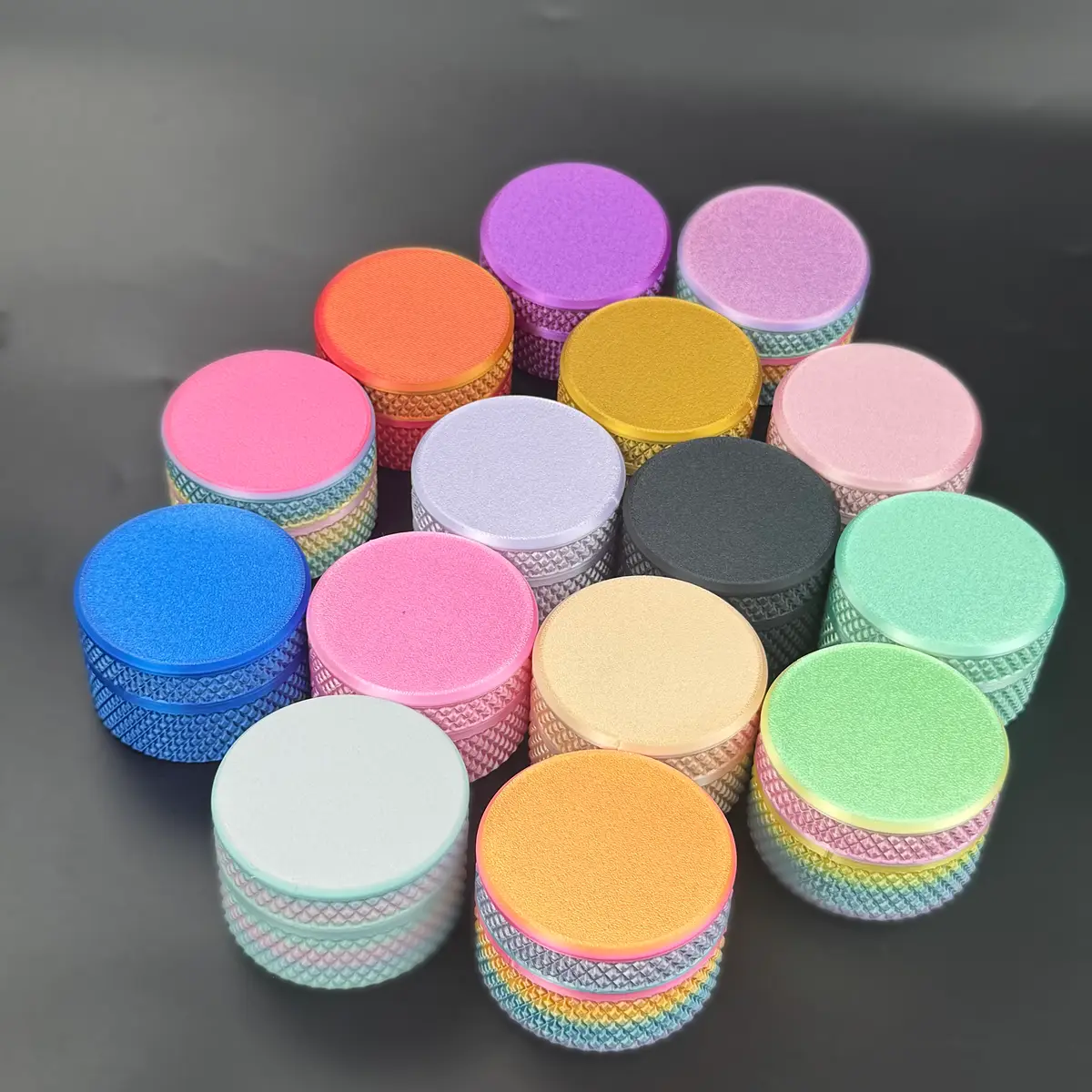 all the colours of the cylindrical 3ml vial case line gathered on one table