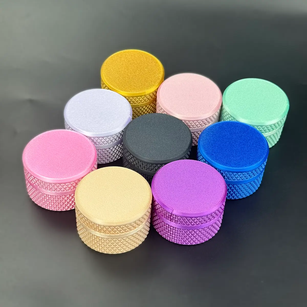 all nine PETG solid colours of the cylindrical vial case