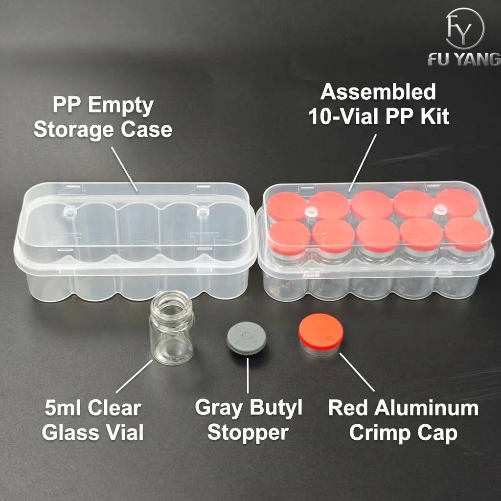 custom 5ml 10-vial complete packaging kit with transparent PP case glass vial butyl stopper and multi-color aluminum cap