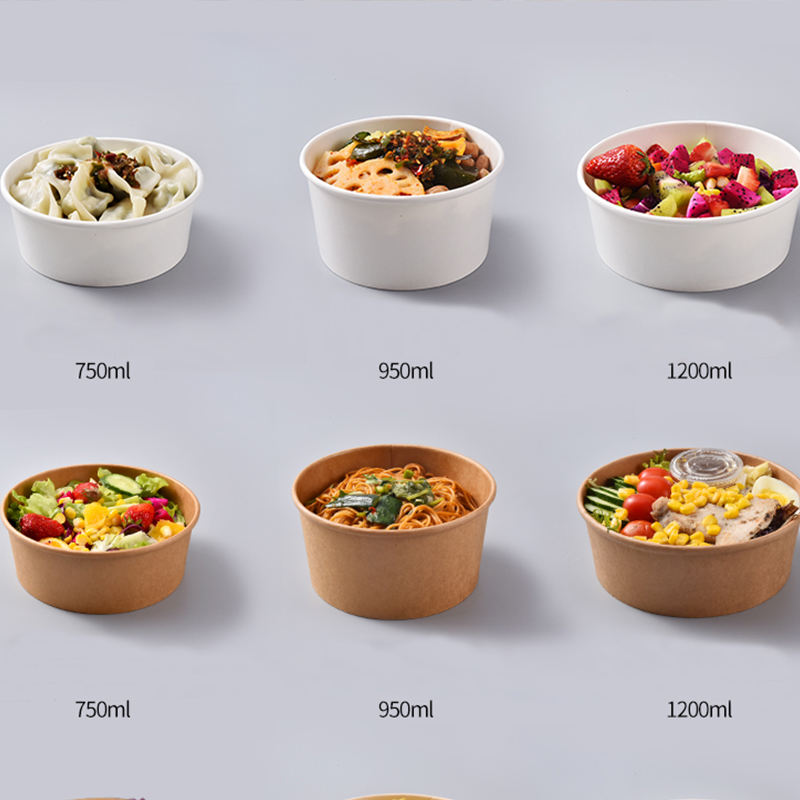 White and brown kraft paper bowls with transparent lids, labeled 750ml, 950ml, and 1200ml, displayed on a gray background