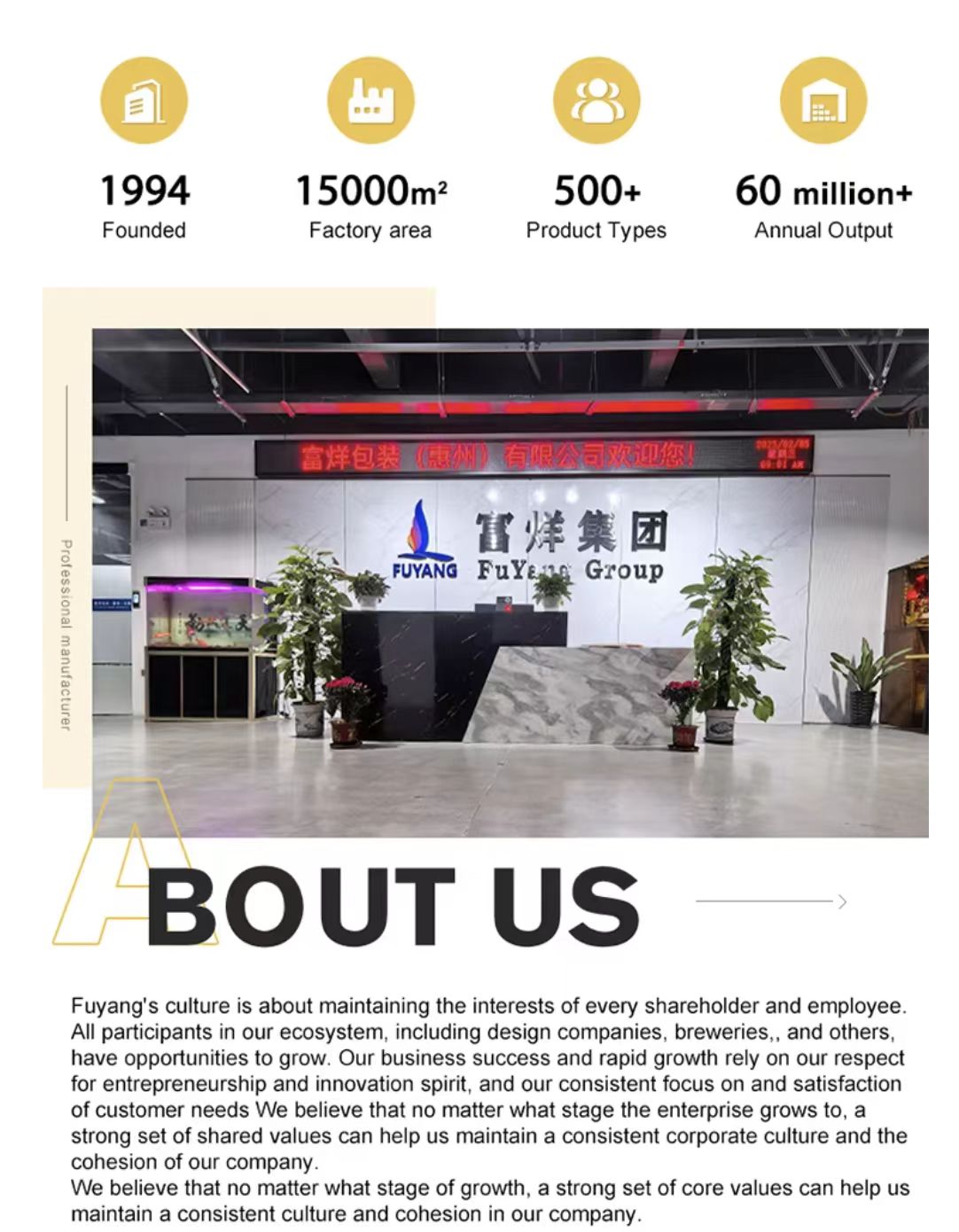 Fuyang Group Headquarters & About Us - Professional Packaging Manufacturer Since 1994 (15000㎡ Factory, 500+ Product Types, 60M+ Annual Output)