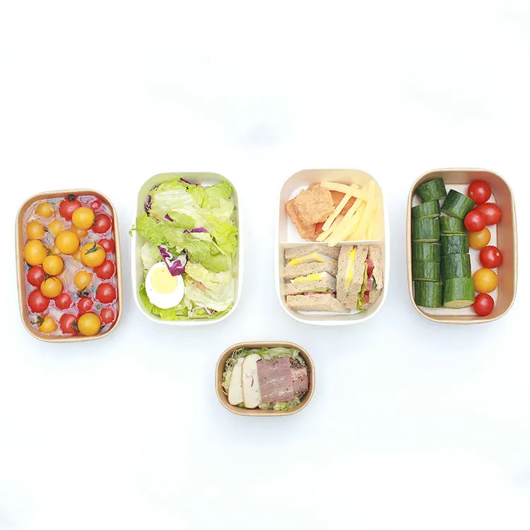 Stacked square kraft paper food containers with transparent lids