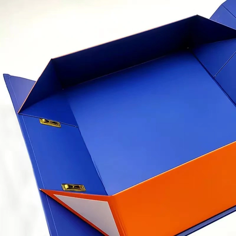 Customizable premium paper box with lid, blue exterior and orange interior, featuring lock tabs—ideal for paper boxes for gifts and custom paper boxes with lids.