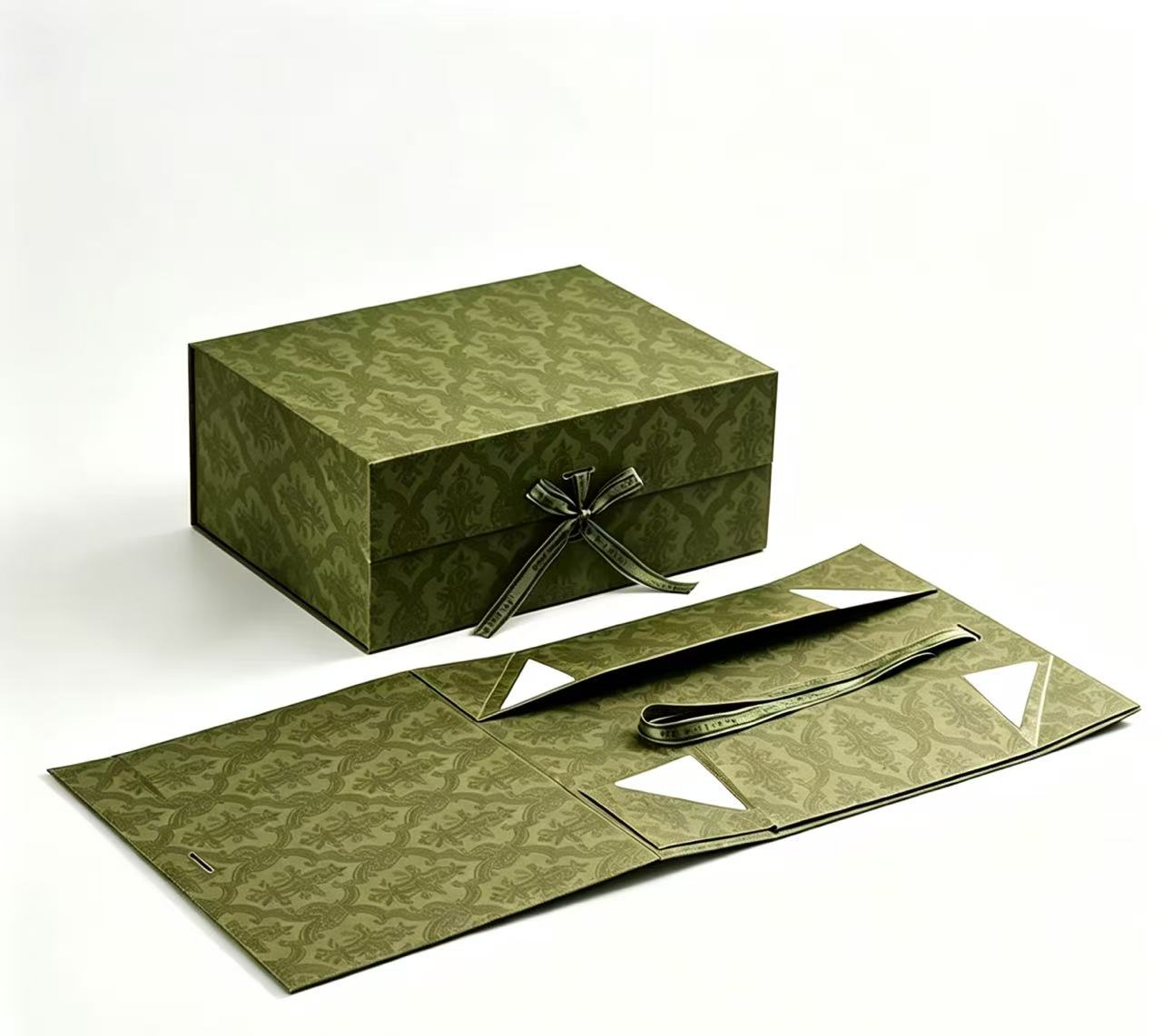 Elegant Green Jacquard Gift Box with Ribbon & Matching Folded Cardboard Sleeve – Customizable Size, Premium Paper Box with Lid for Home Use, Ideal for Gift Wrap Paper Storage and Luxury Packaging