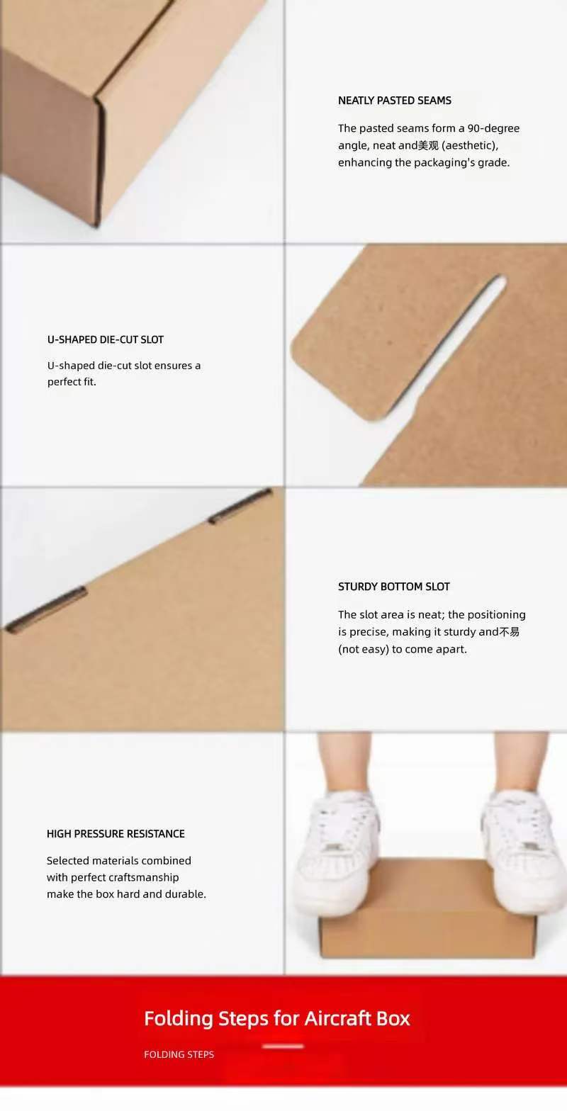 Kraft paper box structural features — neatly pasted seams (90° angle), U-shaped die-cut slot for perfect fit, sturdy bottom slot for secure assembly, and high pressure resistance