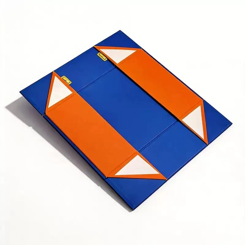 Customizable premium paper box with lid & handle, blue-orange folding design with lock tabs—ideal for paper boxes for gifts and custom paper boxes with lids.