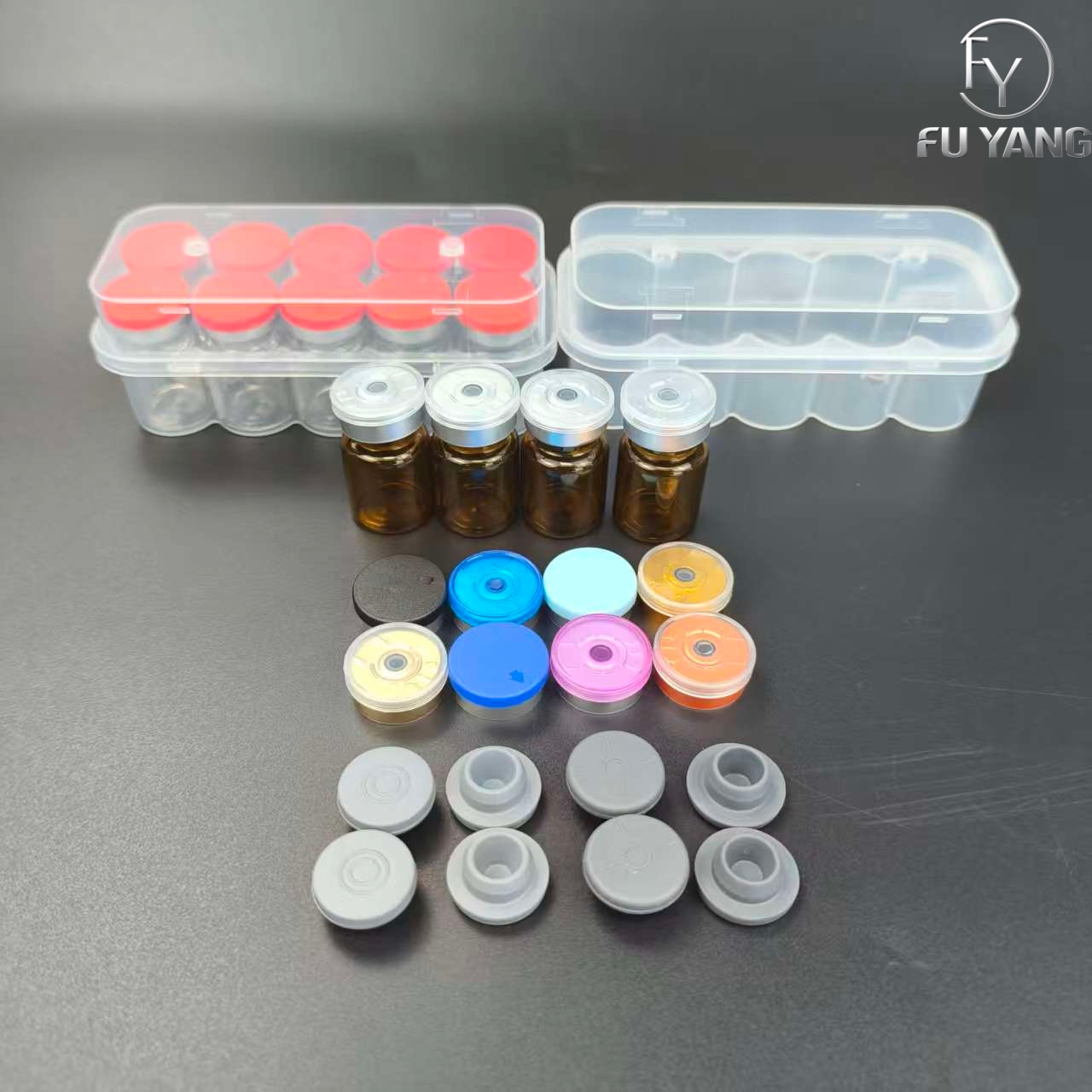 custom 5ml 10-vial complete packaging kit with transparent PP case glass vial butyl stopper and multi-color aluminum cap