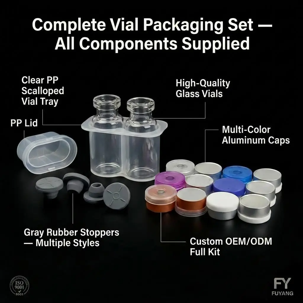 10ml 2-piece set of peptide vials with complete packaging, including PP transparent vial box, glass vials, butyl stoppers, and aluminum caps