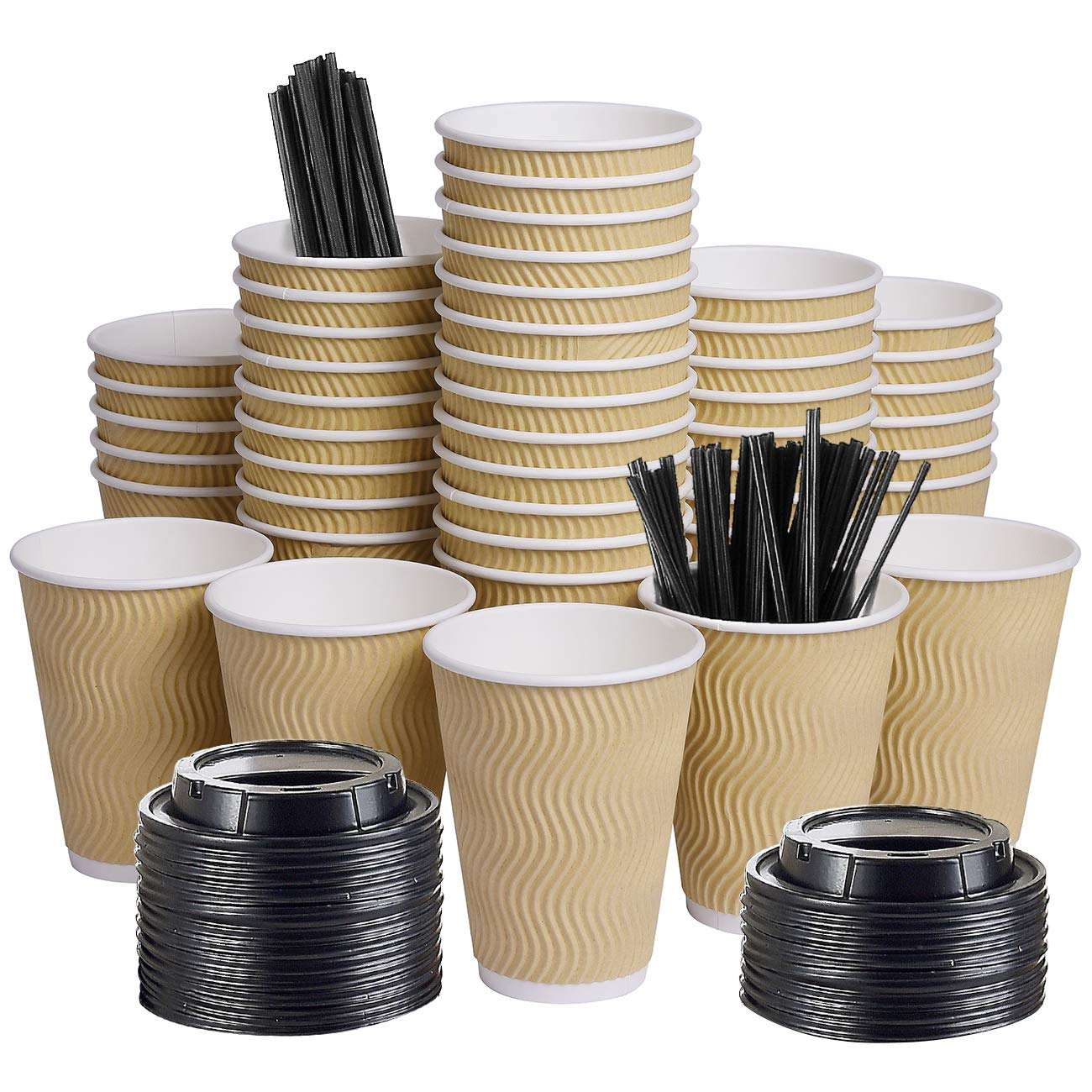 Custom Kraft Ripple Wall Coffee Cups with Lids & Straws – Disposable Insulated Paper Cups for Cafes & Brands, Perfect for Hot Drinks, Eco-Friendly & Stylish Design