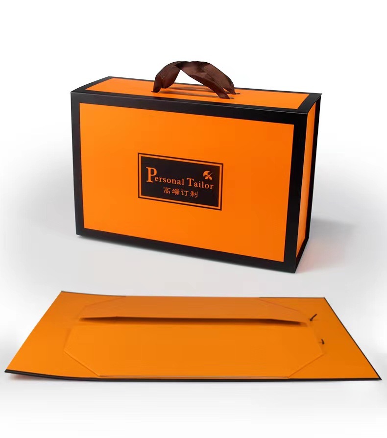 Orange Folding Clothing Gift Box with Leather Handle and Removable Lid | Premium Personal Tailor Packagin