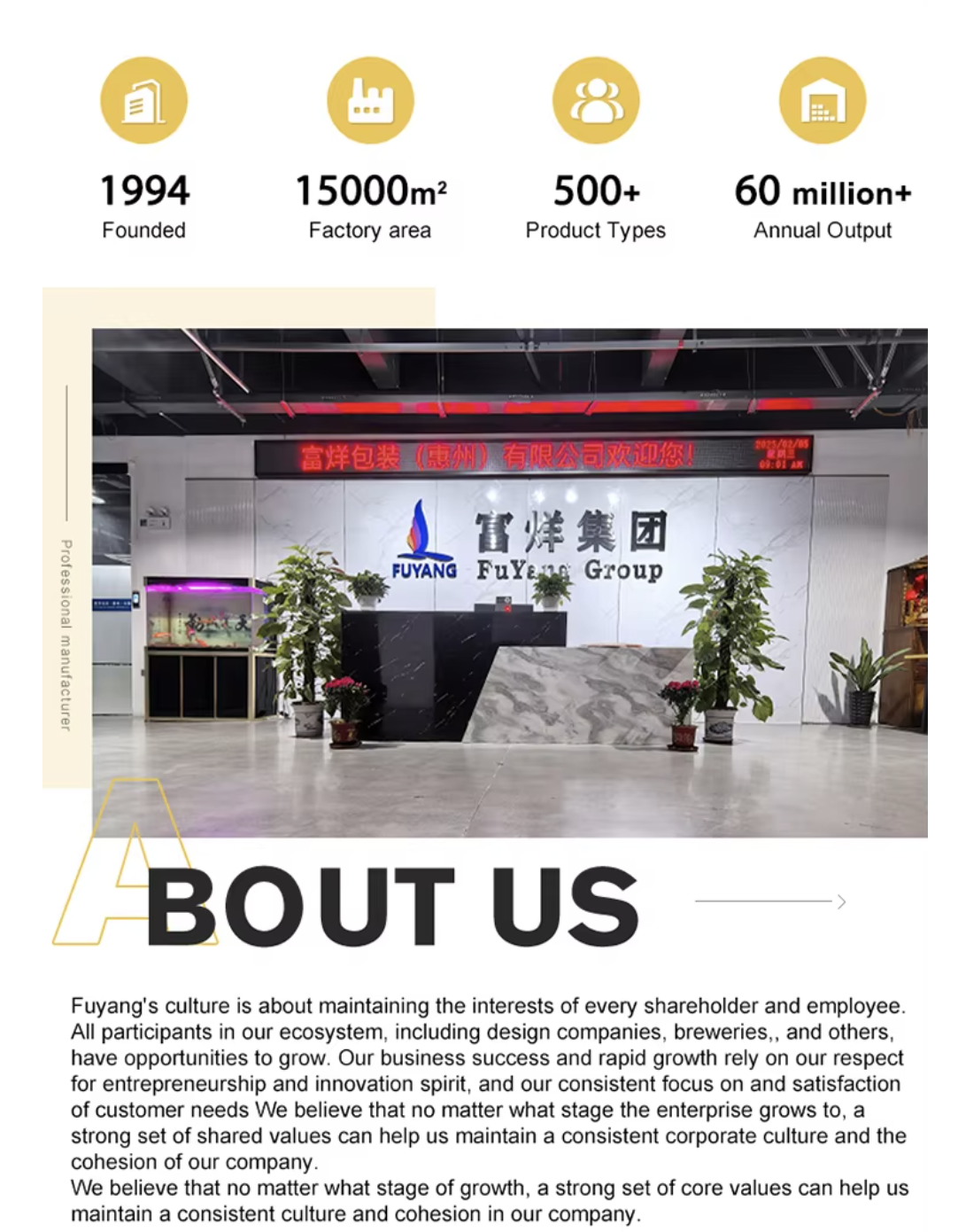 Fuyang Packaging Factory - Founded 1994, 15000㎡ Factory Area, 500+ Product Types, 60 Million+ Annual Output, About Us Company Culture
