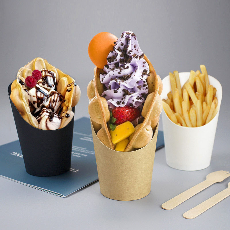 Custom Kraft Paper Food Packaging: Egg Waffle Cone Sleeves holding gourmet ice cream and fries, showcasing versatile, eco-friendly dessert holders.