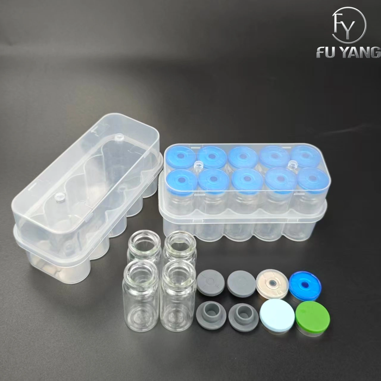 custom 10ml 10-vial complete packaging kit with transparent PP case glass vial butyl stopper and multi-color aluminum cap