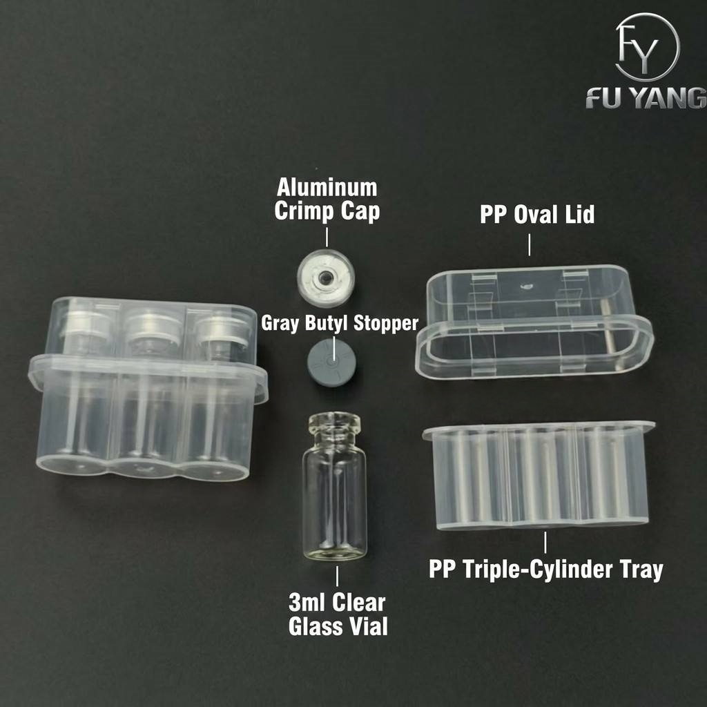 3ml 3-vial complete packaging kit with cloud-shape PP case glass vial butyl stopper and aluminum cap