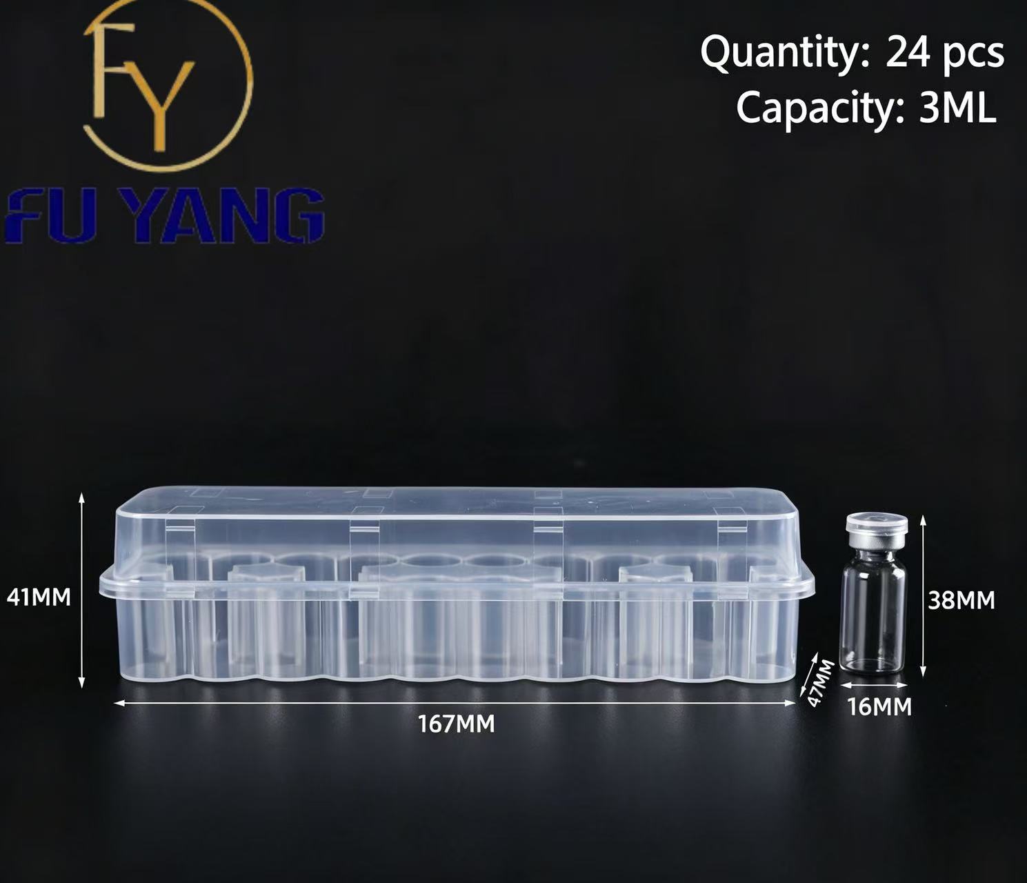 3ml 24-Pack Vial Storage System: Premium 3ml Vial Box, 167x41x47mm, Clear Plastic Storage Box for Micro-Samples, 24 Pcs Capacity, FU YANG Branding