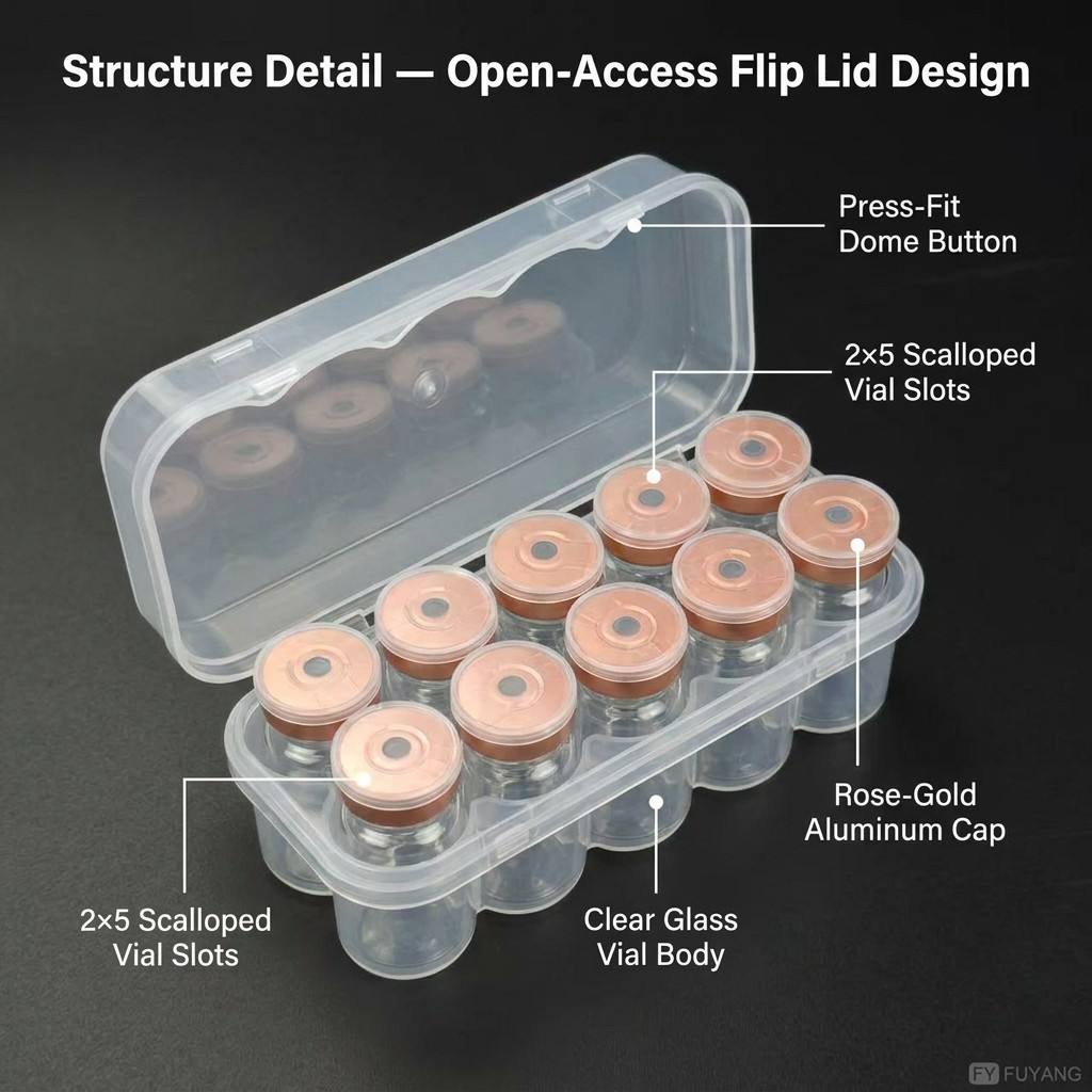 custom 7ml 10-vial complete packaging kit with transparent PP case glass vial butyl stopper and multi-color aluminum cap