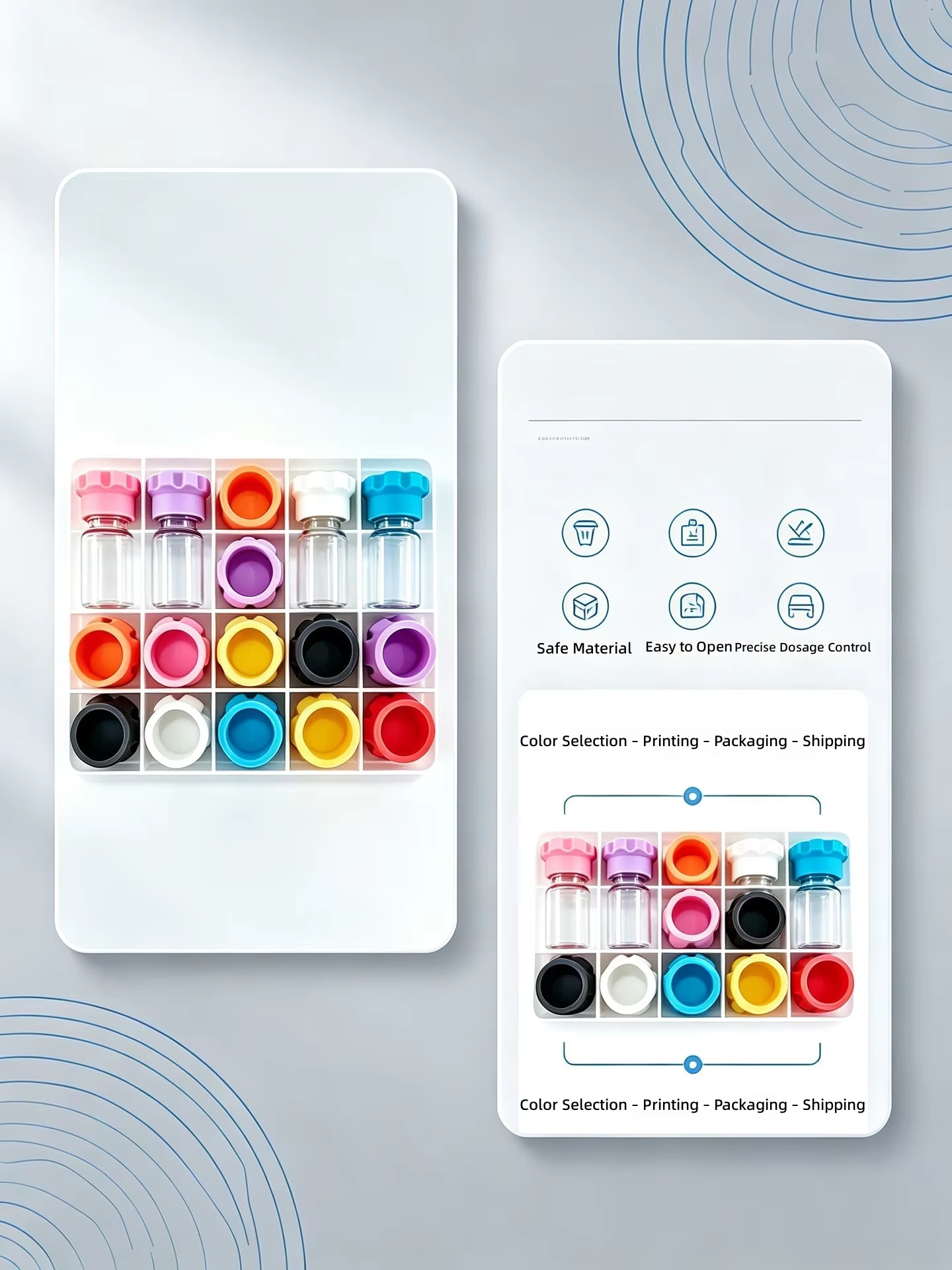 Lace-shaped silicone cap, available in various colors, customizable with logo, used for leak-proofing and dust-proofing peptide glass vial bottles