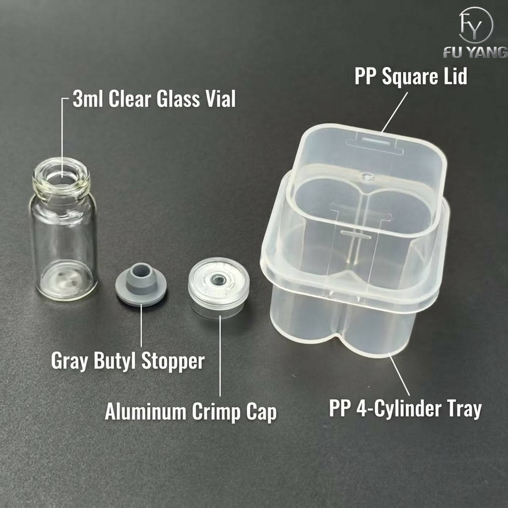 custom 3ml 4-vial complete packaging kit with transparent PP case glass vial butyl stopper and multi-color aluminum cap