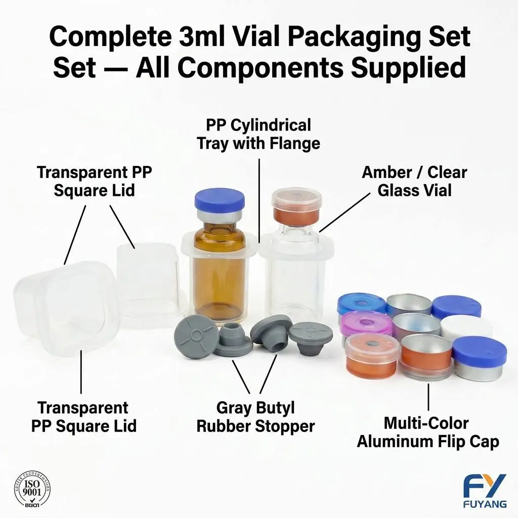 3ml single-vial complete packaging kit with transparent PP case glass vial butyl stopper and aluminum cap