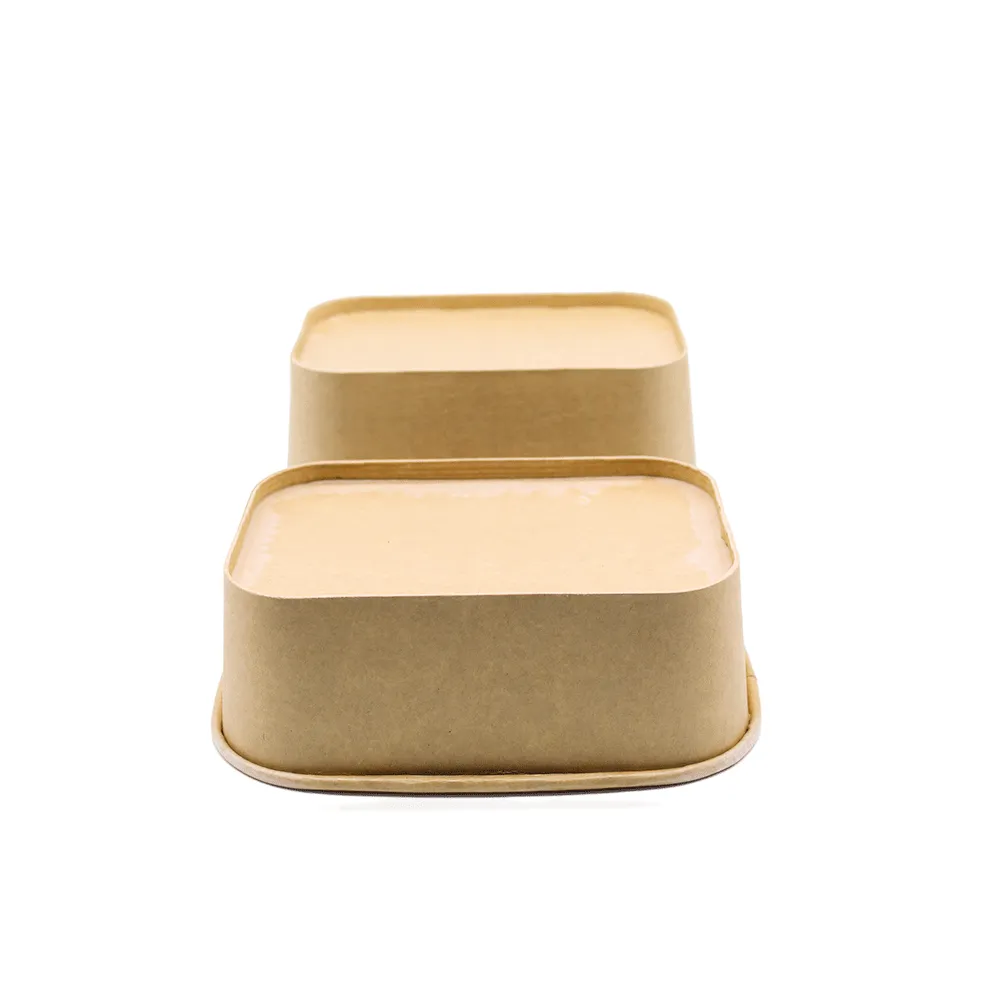 Stacked square kraft paper food containers with transparent lids