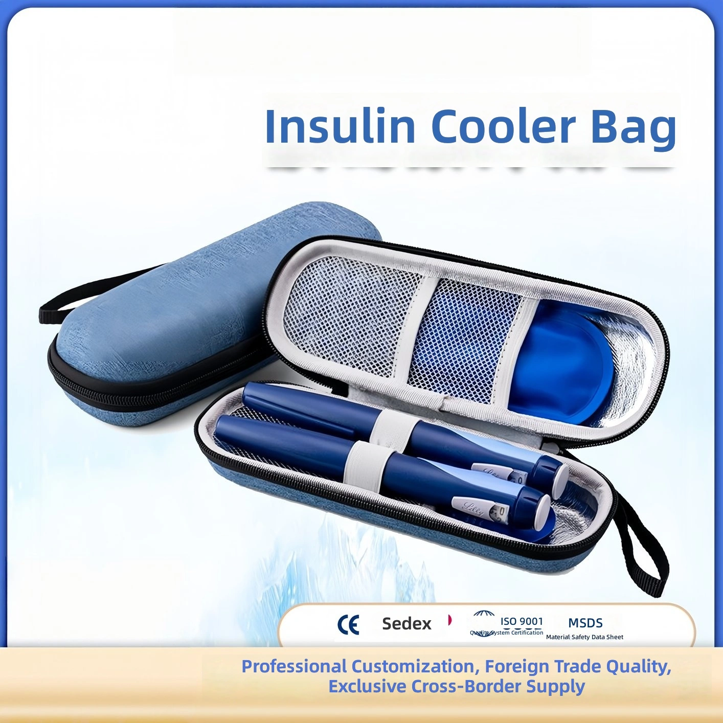 Portable manufacturer-made insulin cooling bag, ice pack, cold thermal insulation, reusable, foldable, EVA material, multi-layer material, compression-resistant, crush-resistant, and waterproof.