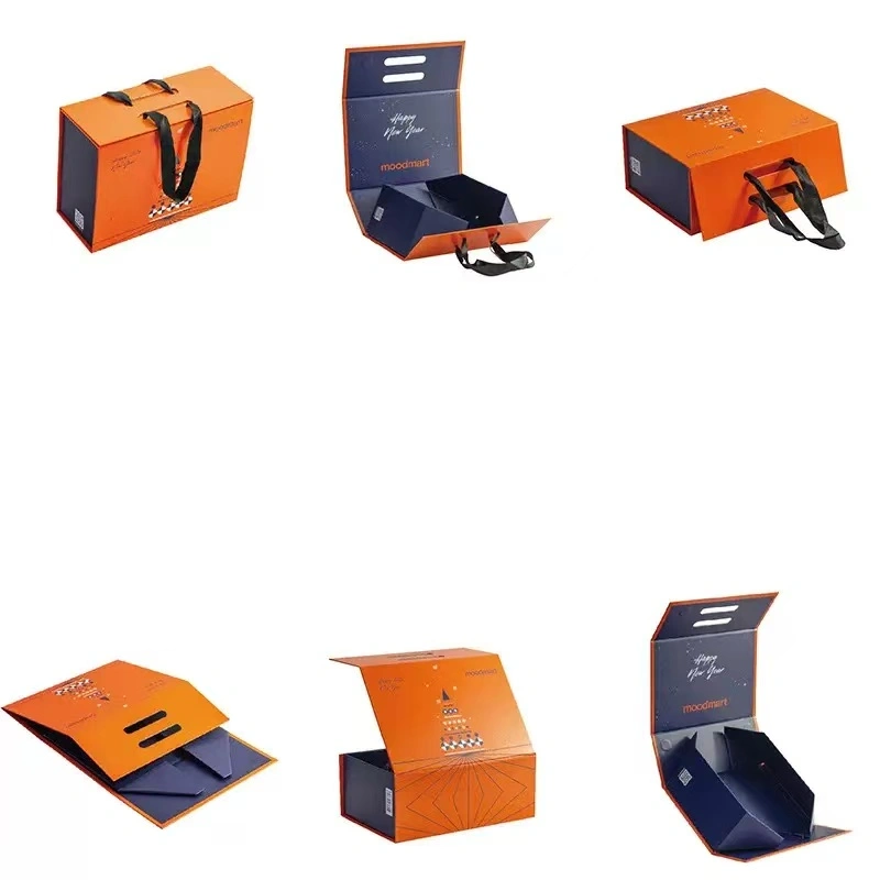 Orange Gift Box with Black Ribbon Handle - 360° View, Folding Design, Packaging Display