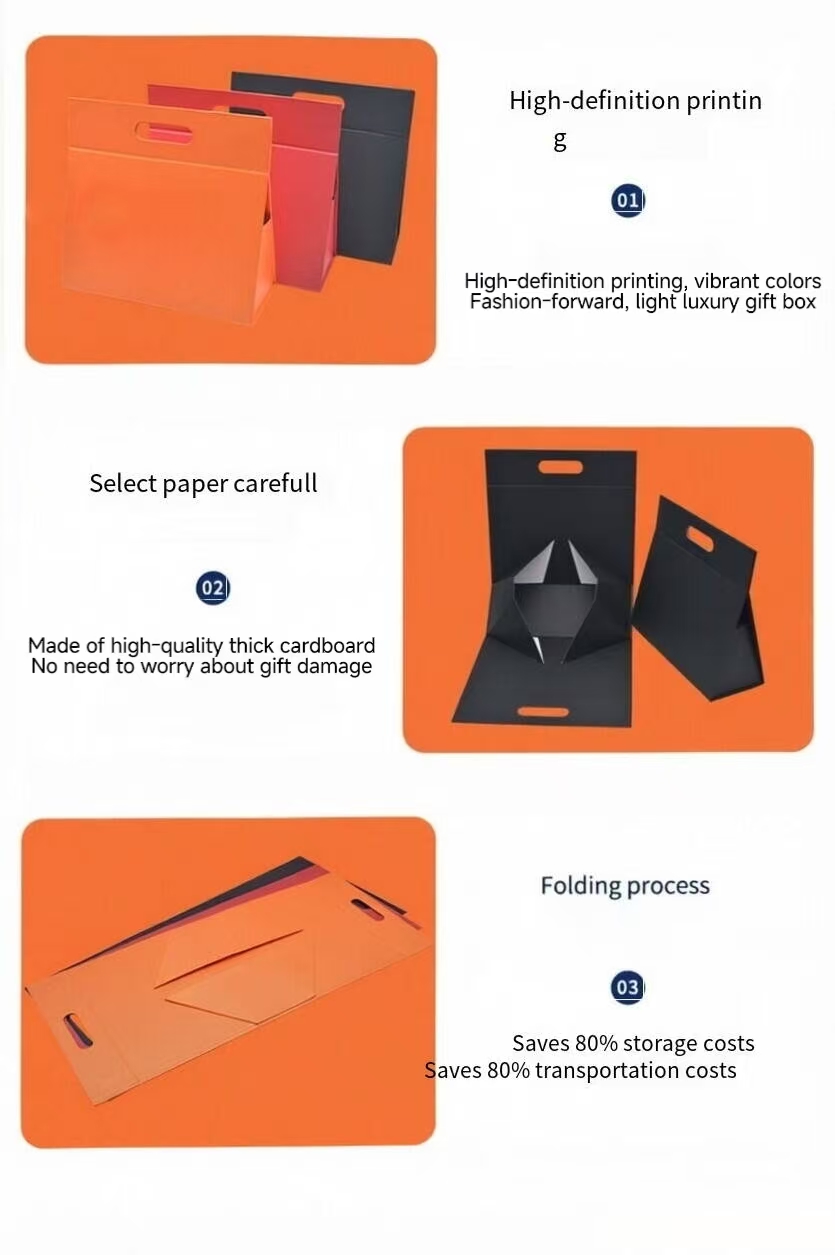 Orange custom paper folding gift box with handle, flat view showing how to fold a paper box