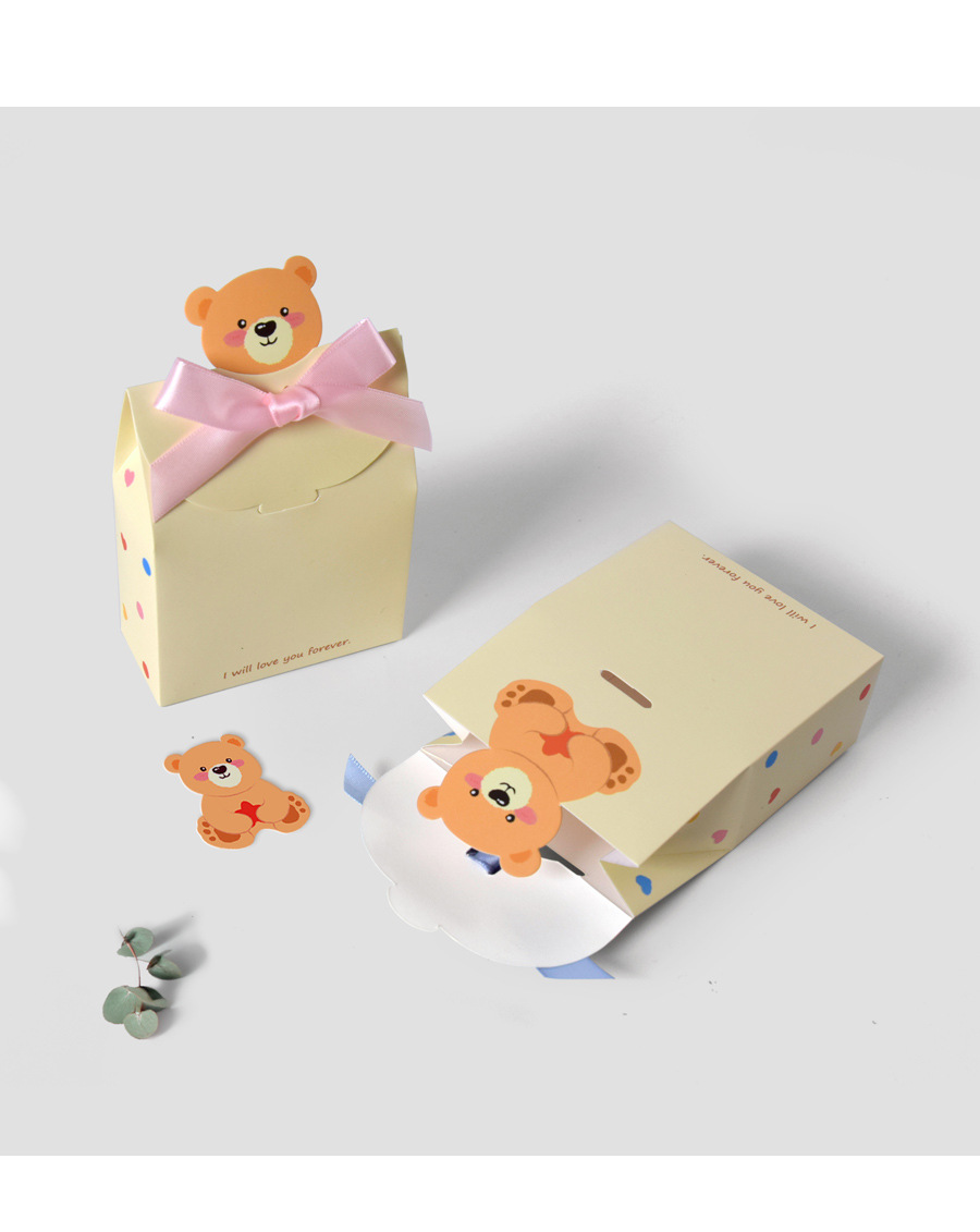 Korean Style Foldable Bear Favor Boxes with Satin Ribbon, Flat Pack Design for Wedding Baby Shower Birthday Party